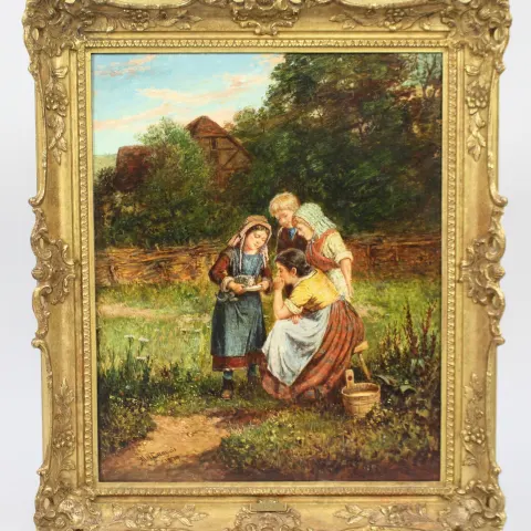 Feeding the Kitten by Mark William Langlois (British, 1848-1924) Oil on Canvas