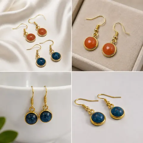 Two Pairs of Gold-Tone Drop Earrings with Blue & Orange Cabochons