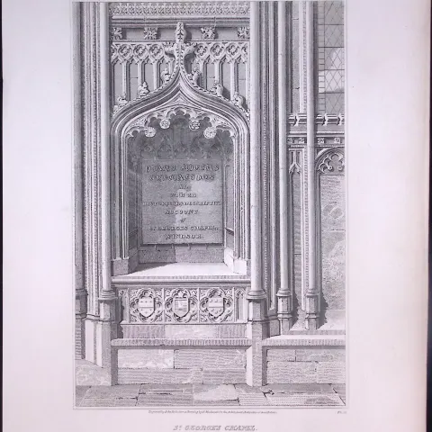St Georges Chapel Windsor Castle  190 Years-Old John Britton Antique Steel Engraving-322.