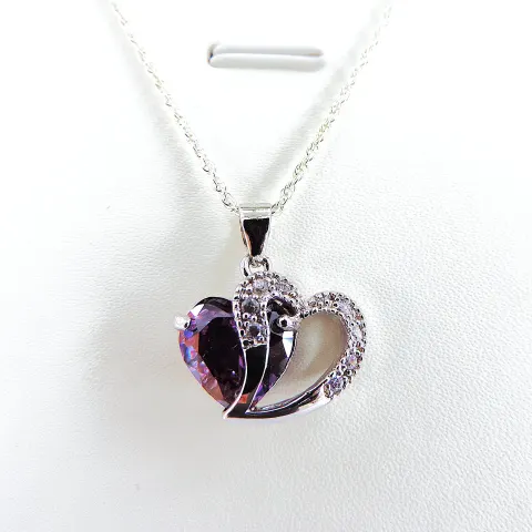 925 Silver Amethyst & Diamond Heart Pendant Necklace
