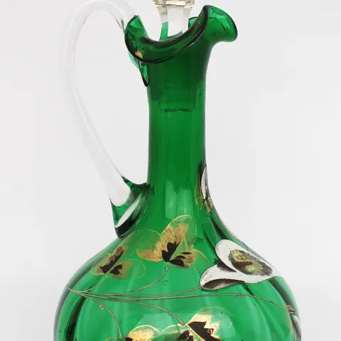 Antique Hand Painted Green Glass Claret Jug