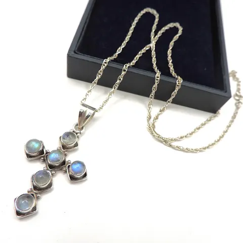 Vintage Artisan Sterling Silver Moonstone Cross Pendant Necklace
