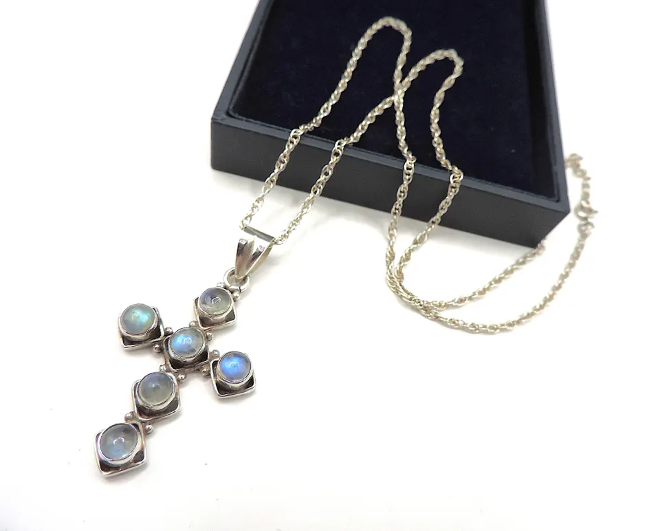 Vintage Artisan Sterling Silver Moonstone Cross Pendant Necklace