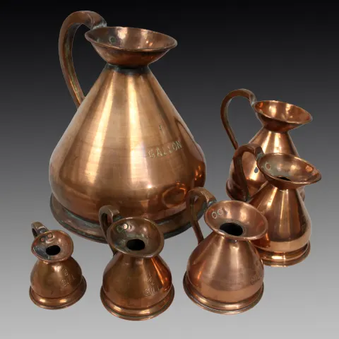 Set of 6 Antique Graduated Haystack Copper Jugs