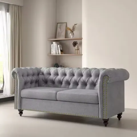 Large 2 Seater Chesterfield Style Button Back Sofa, Couch Linen Fabric Settee RRP £599