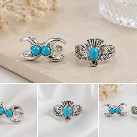 Set of Two Turquoise Silver Tone Statement Rings