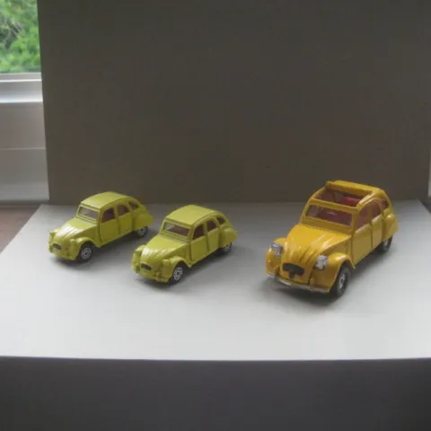 Three Vintage James Bond Corgi Citroen 2CV Cars