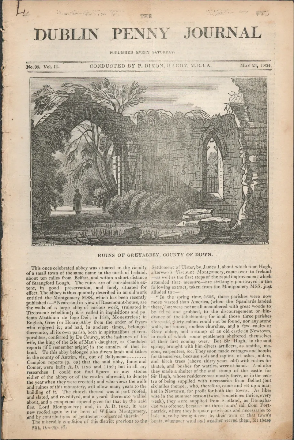 Antique Irish History Newspaper 1834 Ruins of Greyabbey County of Down.