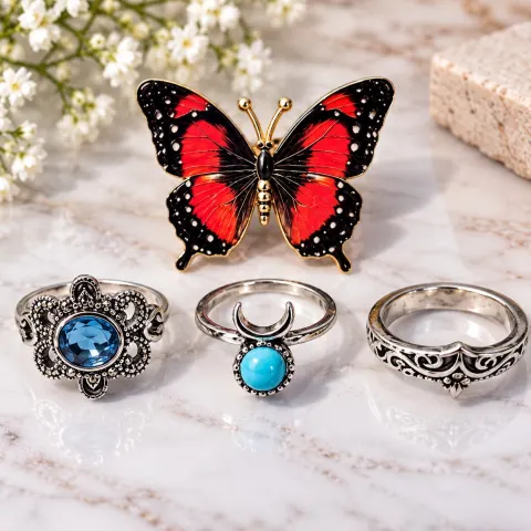 Butterfly Brooch & Three Silver-Tone Rings Jewellery Set