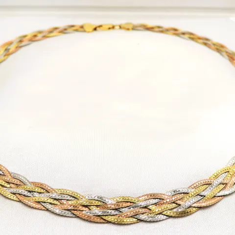 Italian Tri-Colour Gold on Sterling Silver Braided Herringbone Collar Necklace with Gift Box
