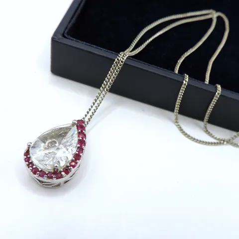 Artisan Sterling Silver Ruby & Rock Crystal Necklace With Gift Box