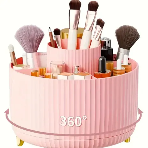 360° Rotating Makeup Organizer – 5-Compartment Cosmetic & Desk Storage