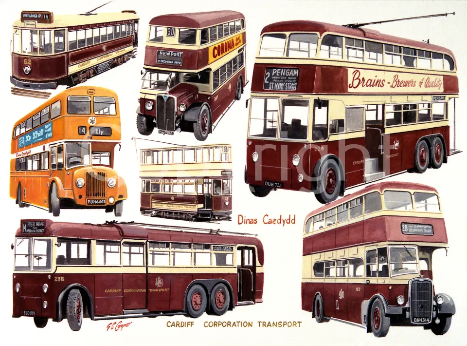 Cardiff Corporation Trams Trolleys And Buses Large Metal Wall Art.