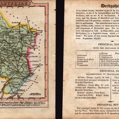 Derbyshire Engraved Hand Coloured George IV Antique Map & Text.