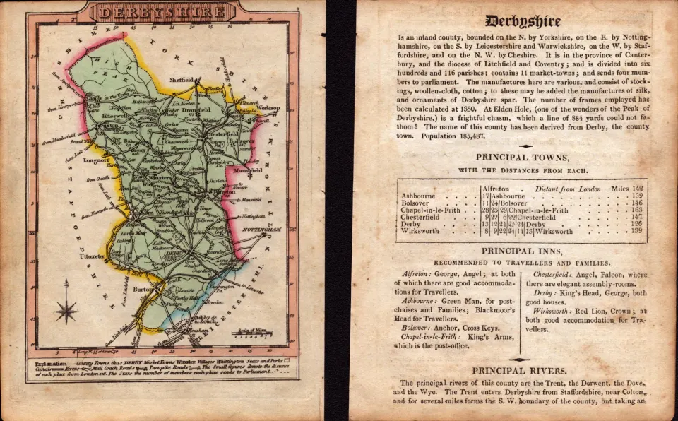 Derbyshire Engraved Hand Coloured George IV Antique Map & Text.