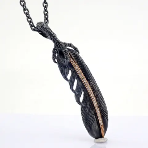 Feather Necklace Detailed With Brilliant Diamonds and Gold On Silver