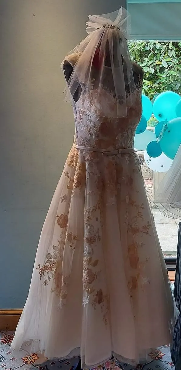 Lou Lou Tea length dress ivory & rose gold RRP £1,295 size 12 approx