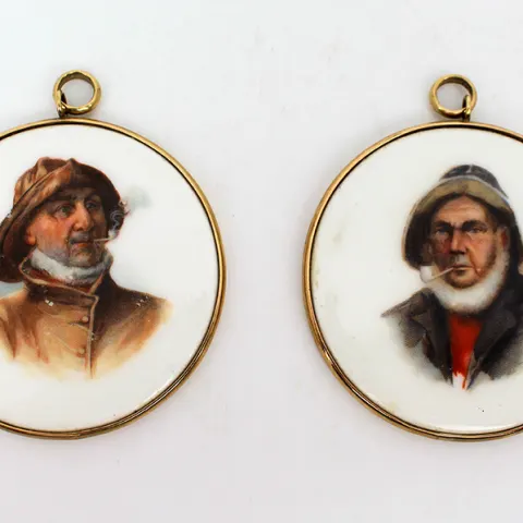 Pair of Antique Hand Painted Porcelain Plaques in 9ct Gold Surrounds
