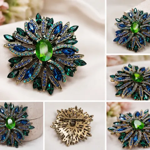 Large Green & Blue Crystal Statement Brooch