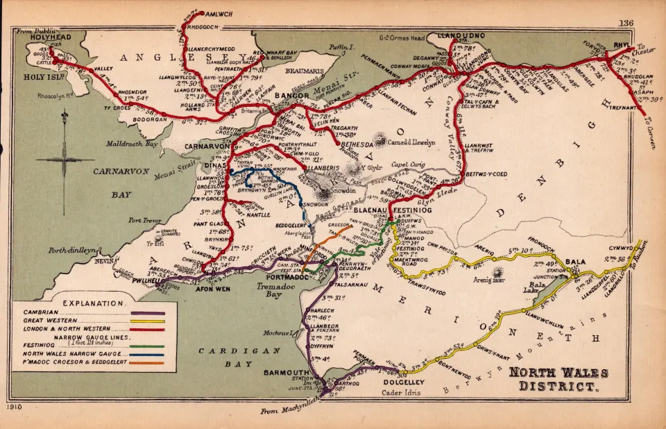North Wales District Coloured Detailed Antique Railway Diagram -136.