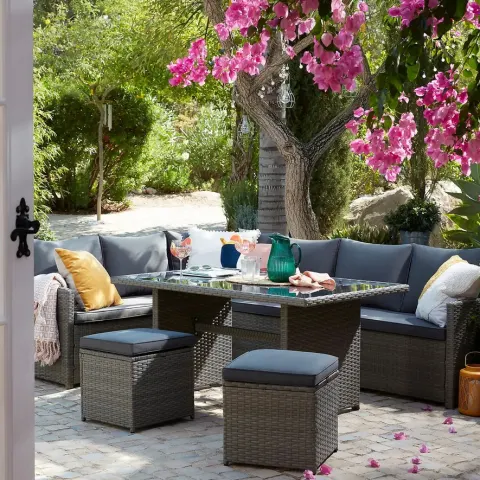 (16/Mez/P14) RRP £850. Matara Grey Rattan Corner Garden Sofa Set. Ideal For Both Indoor And Outdoor