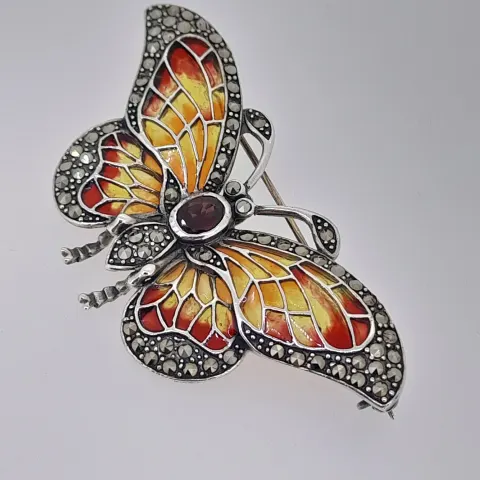 925 Silver Enamelled Butterfly Set With Oval Garnet and Marcasite Stones