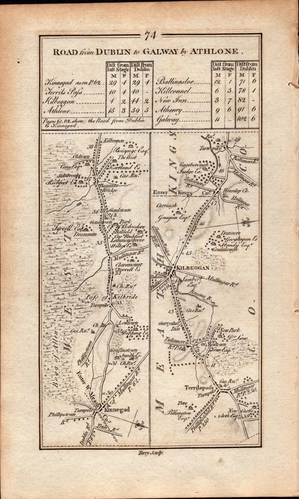 Ireland Rare Antique 1777 Road Map Dublin To Galway By Athlone
