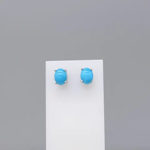 A Pair of Natural Cabochon Turquoise Ear Studs In Silver, With Butterfly Backs