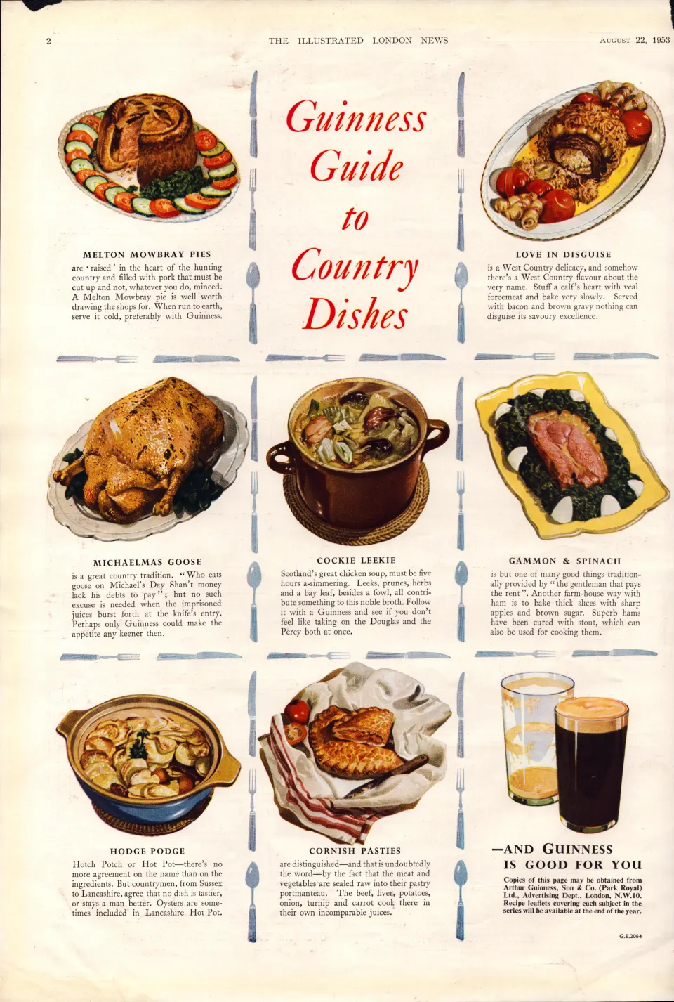 Original 71-Year-Old 1953 Guinness Print Panto-Country Dishes– GE 2064  #-21.