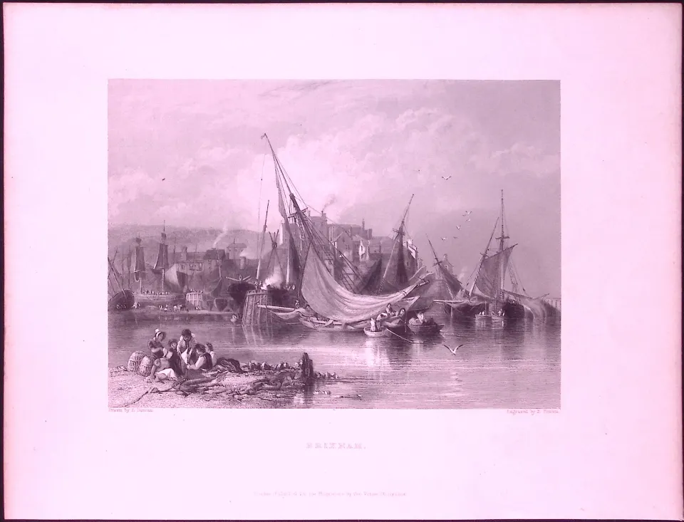 Devon Brixham Harbour WH Bartlett 183 Years-Old Antique Steel Engraving-43