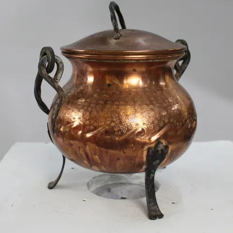 Antique French Copper & Wrought Iron Lidded Footed Bowl