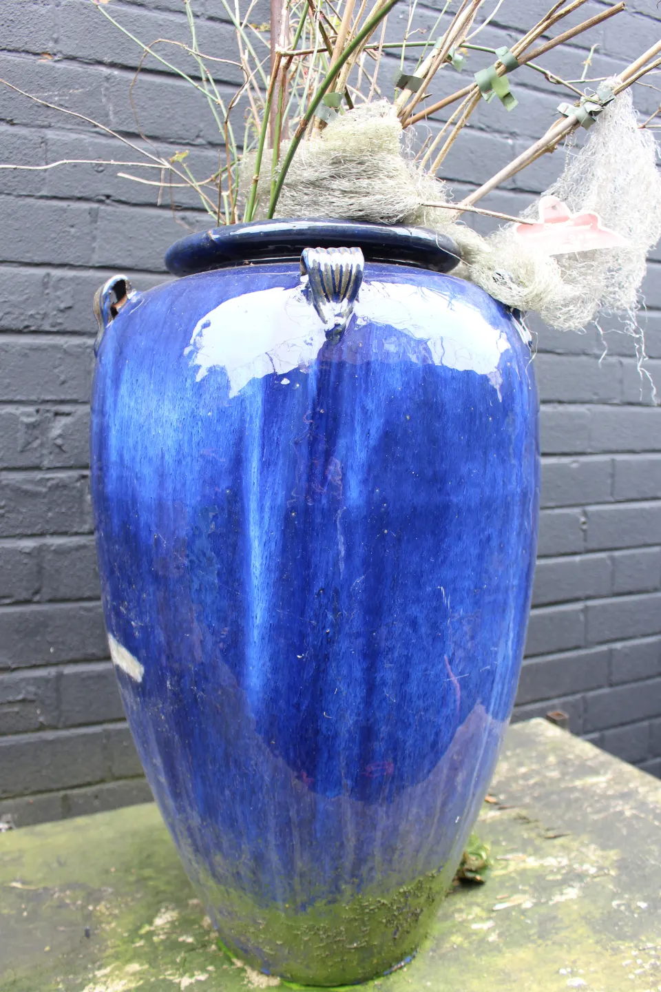 Vintage Blue Glazed Terracotta Planter Urn