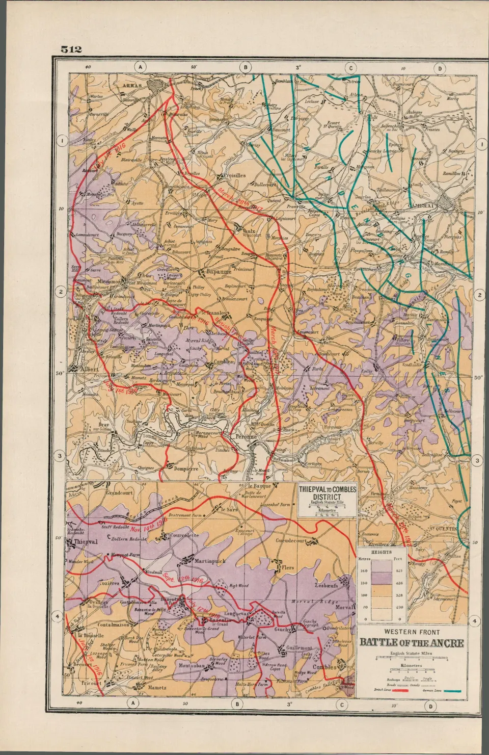 WW1 Battle of The Ancre Antique Coloured Map 1922.