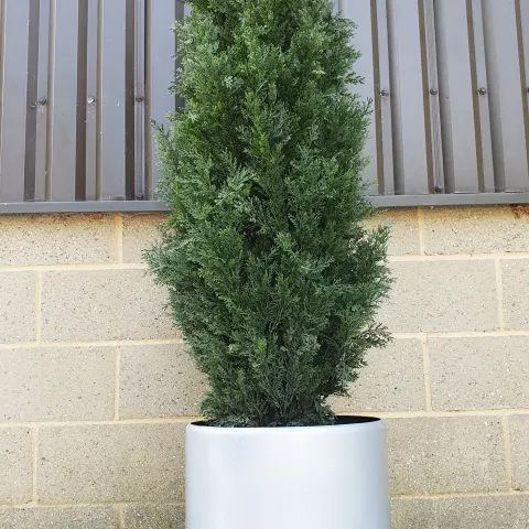 Large Industrial Metal Planter With Artificial Conifer Tree. Approx 2.1m Tall Combined. RRP £599