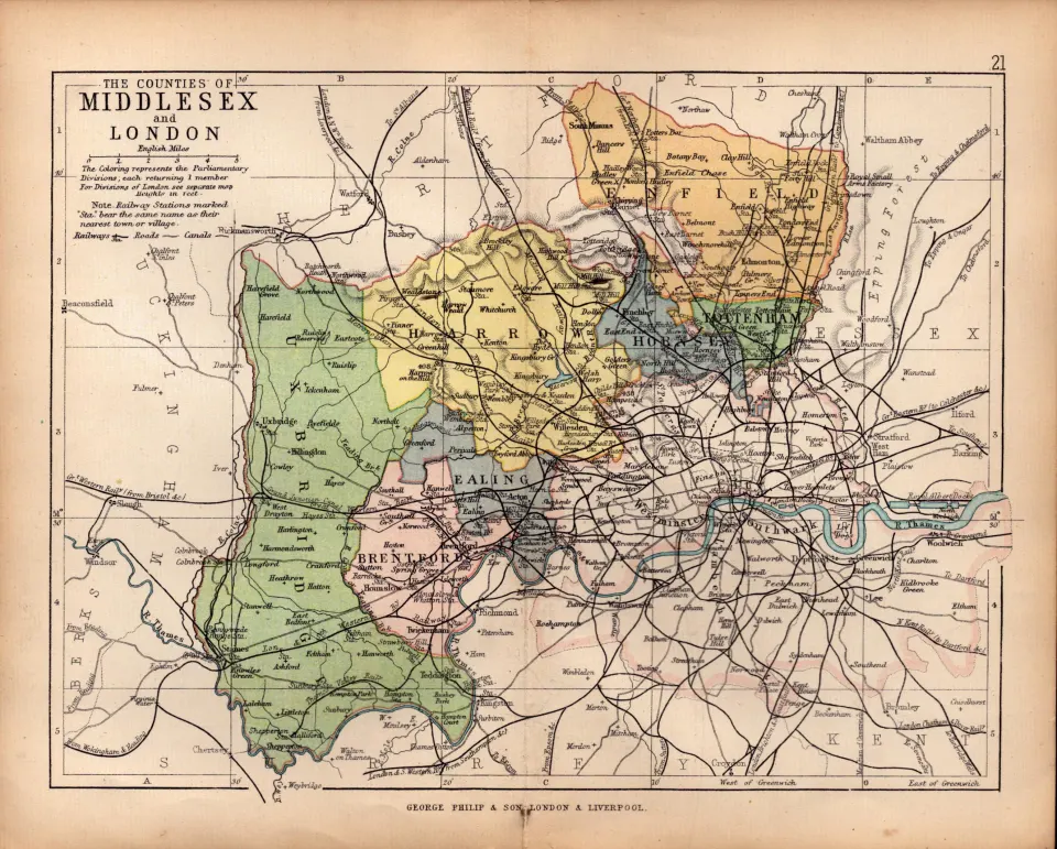 County Middlesex & London  1895 Antique Victorian Coloured Map.