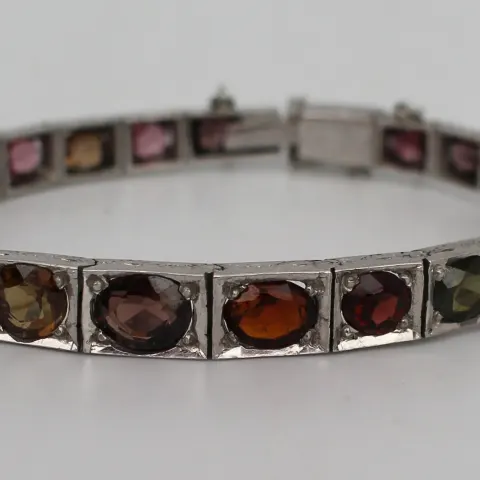Antique Russian Garnet & Tourmaline Engraved Silver Bracelet
