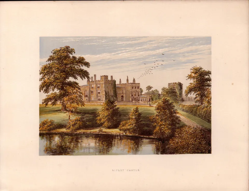 Ripley Castle Harrogate Yorks Gilt-Edge Coloured Antique Book Plate.