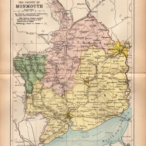County Monmouthshire 1895 Antique Victorian Coloured Map.