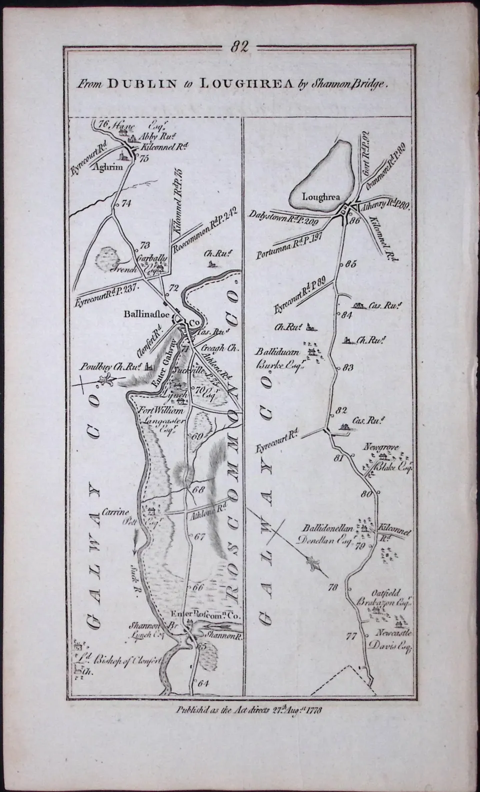 Ireland 245 Years -Old Antique Road Map Dublin to Loughrea Galway-82