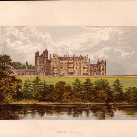Worsley Hall Manchester Gilt-Edge Coloured Antique Book Plate.