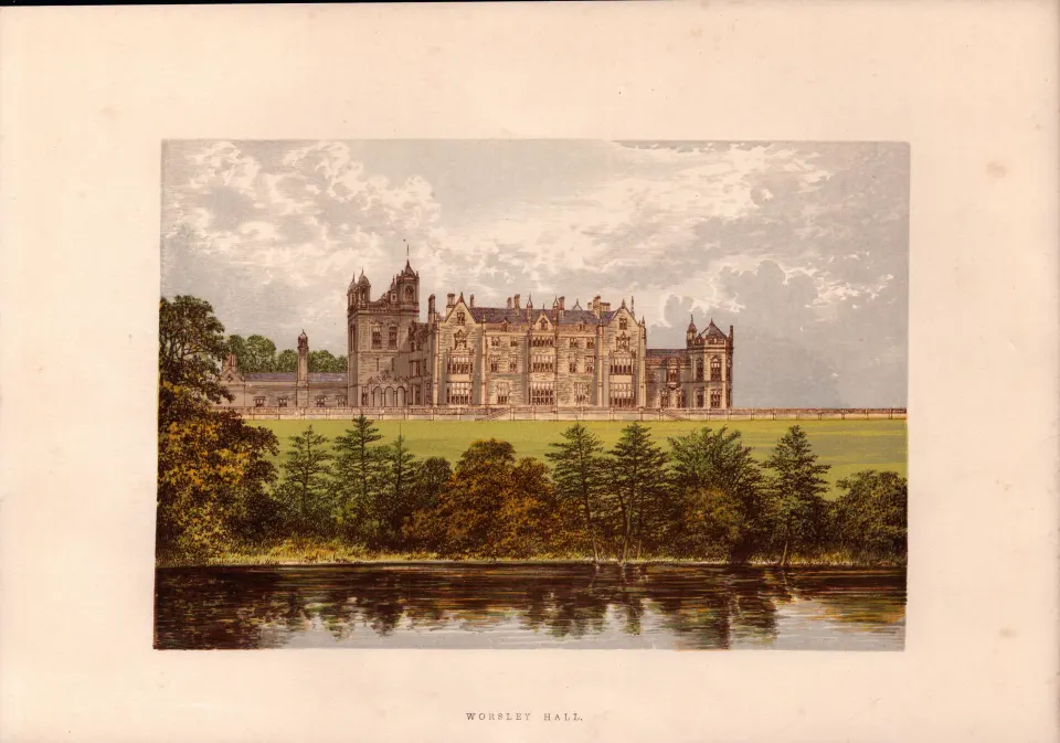 Worsley Hall Manchester Gilt-Edge Coloured Antique Book Plate.