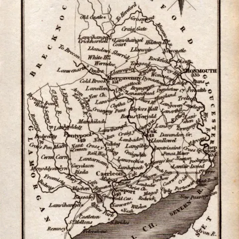 Wales Monmouth Antique Copper Engraved Map by Sidney Hall.