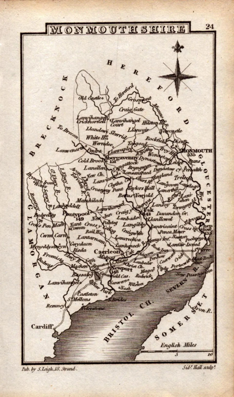 Wales Monmouth Antique Copper Engraved Map by Sidney Hall.