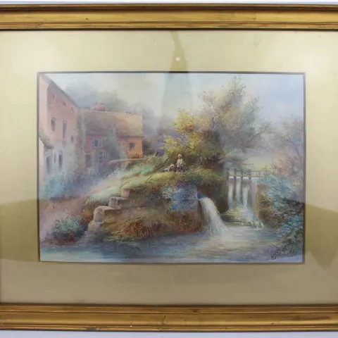 Harry Stinton (British, 1882–1968) – Watercolour Landscape with Mill and Figures
