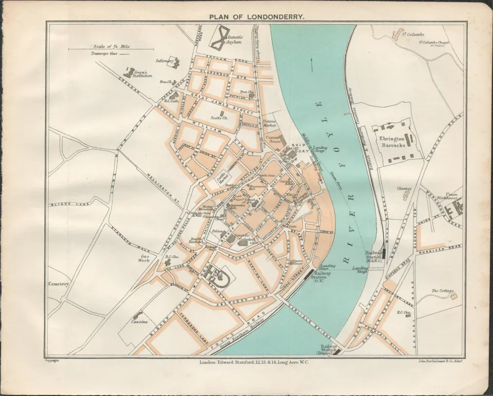 Plan of Londonderry Streets & Districts Antique Coloured Map.