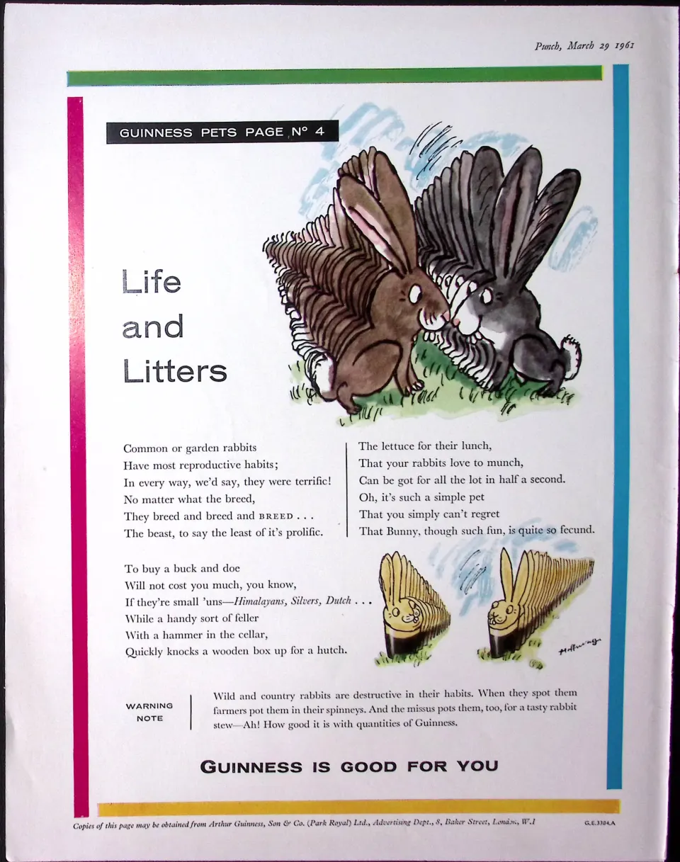 Guinness 1961 Original 64 Years-Old Print Rabbit Litters- G.E.3384-A