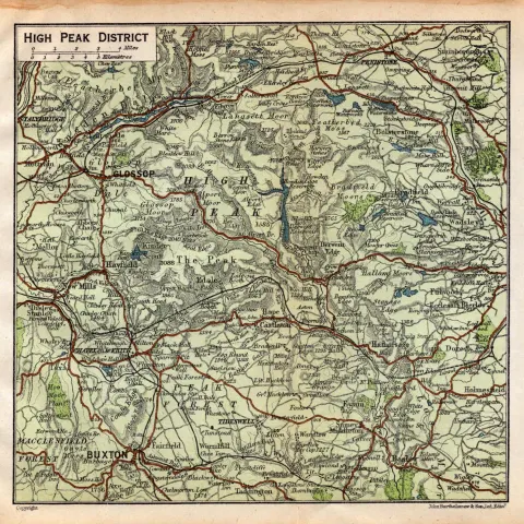 High Peak District Glossop New Mills Hayfield Etc  Map.