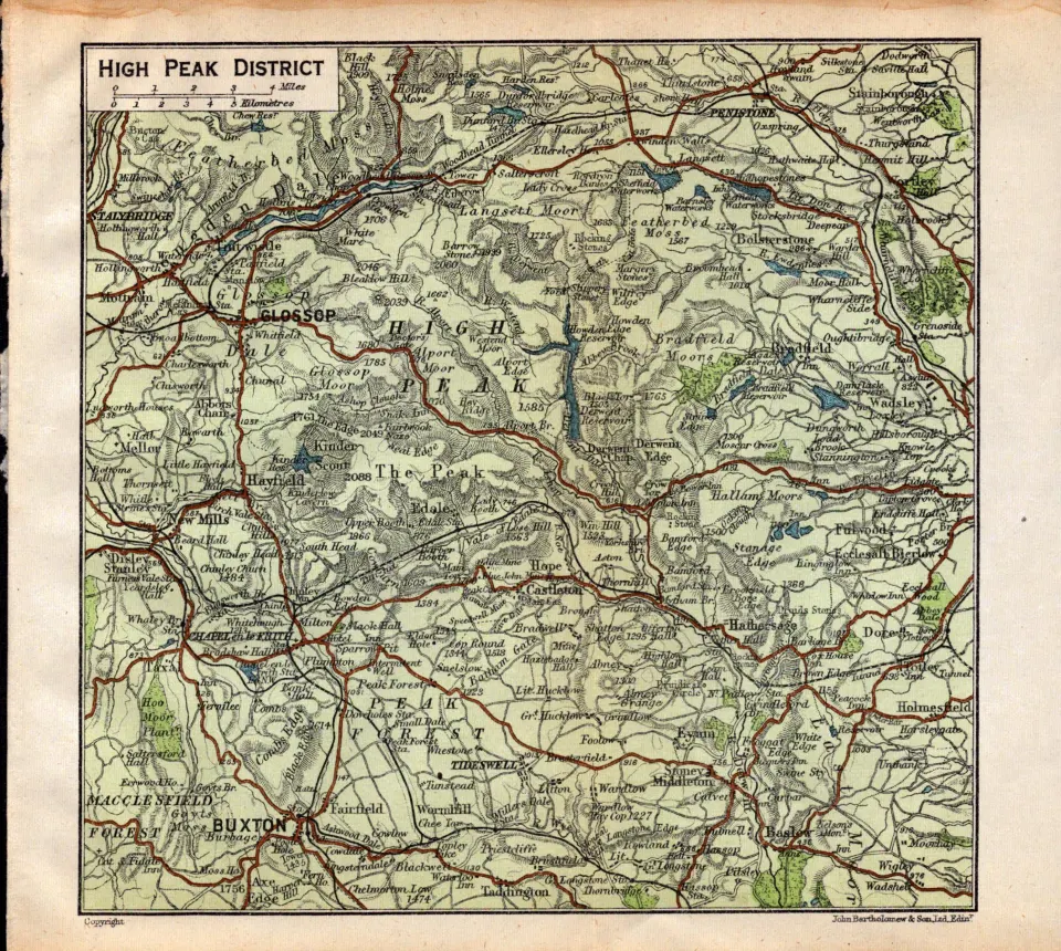 High Peak District Glossop New Mills Hayfield Etc  Map.