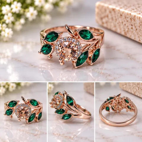 Rose Gold Tone Floral Ring with Green & Champagne Stones