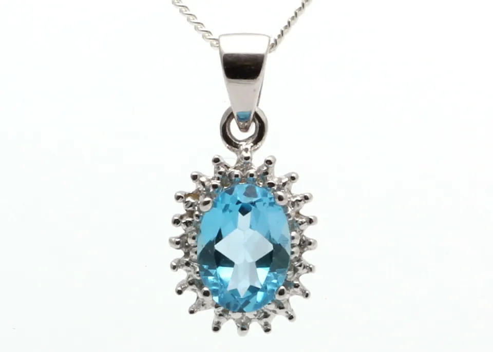 9ct White Gold Diamond And Blue Topaz Pendant (BT0.86) 0.01 Carats